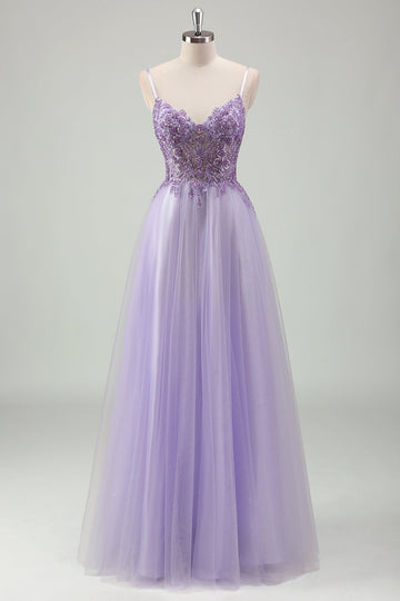 Sparkly viola A-Line Spaghetti Straps corsetto lungo Prom Dress con applicazioni